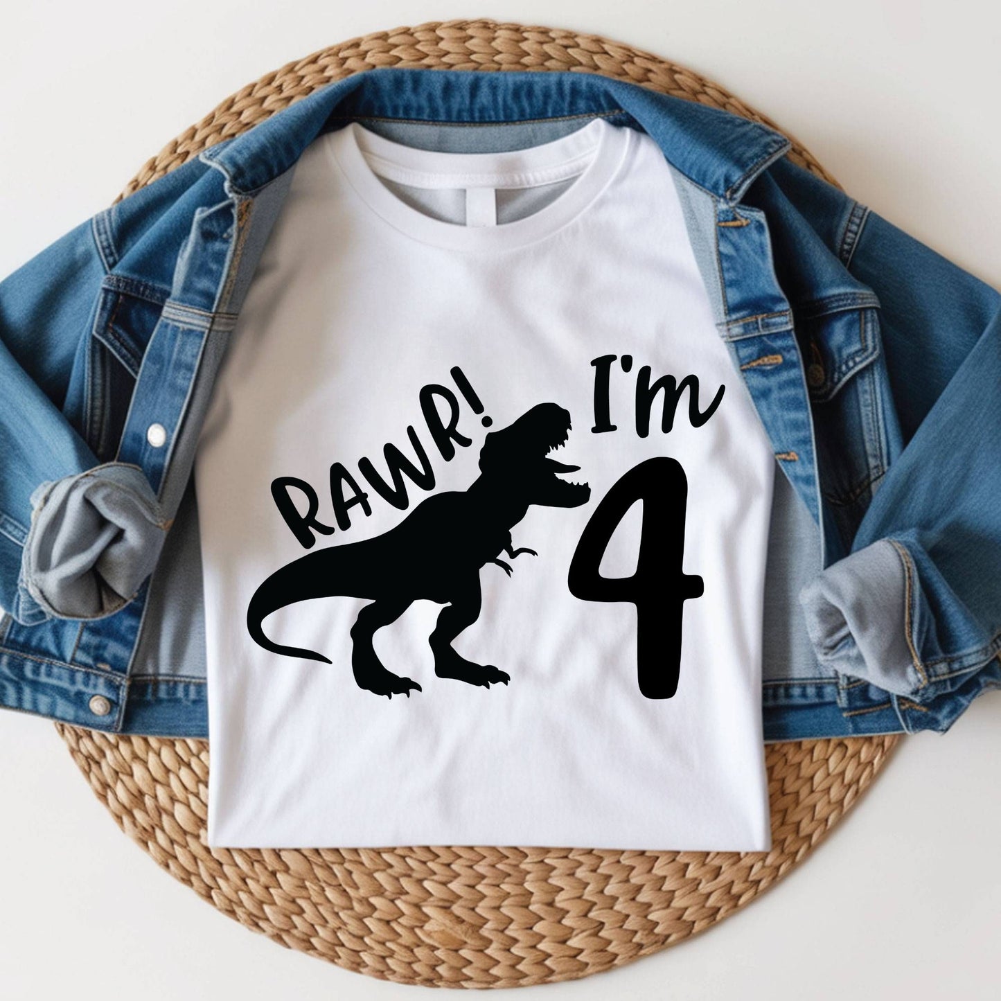 Dinosaur 4th Birthday Shirt Rawr Im 4 Toddler Tee Four Year Old Childrens Clothing TRex Kids Party Outfit 4th Birthday Gift Boy Birthday Tee