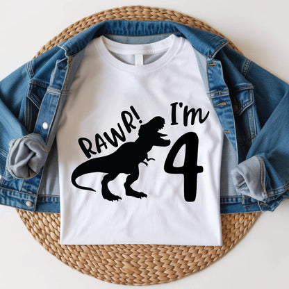 Dinosaur 4th Birthday Shirt Rawr Im 4 Toddler Tee Four Year Old Childrens Clothing TRex Kids Party Outfit 4th Birthday Gift Boy Birthday Tee