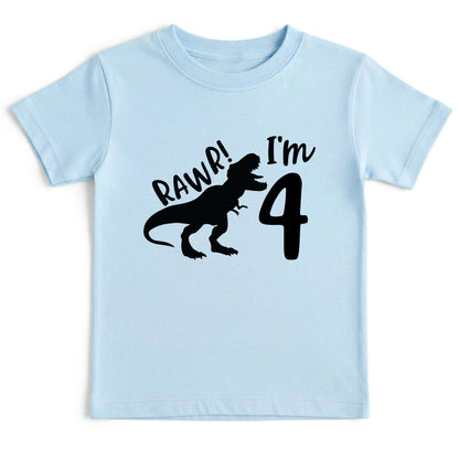Dinosaur 4th Birthday Shirt Rawr Im 4 Toddler Tee Four Year Old Childrens Clothing TRex Kids Party Outfit 4th Birthday Gift Boy Birthday Tee