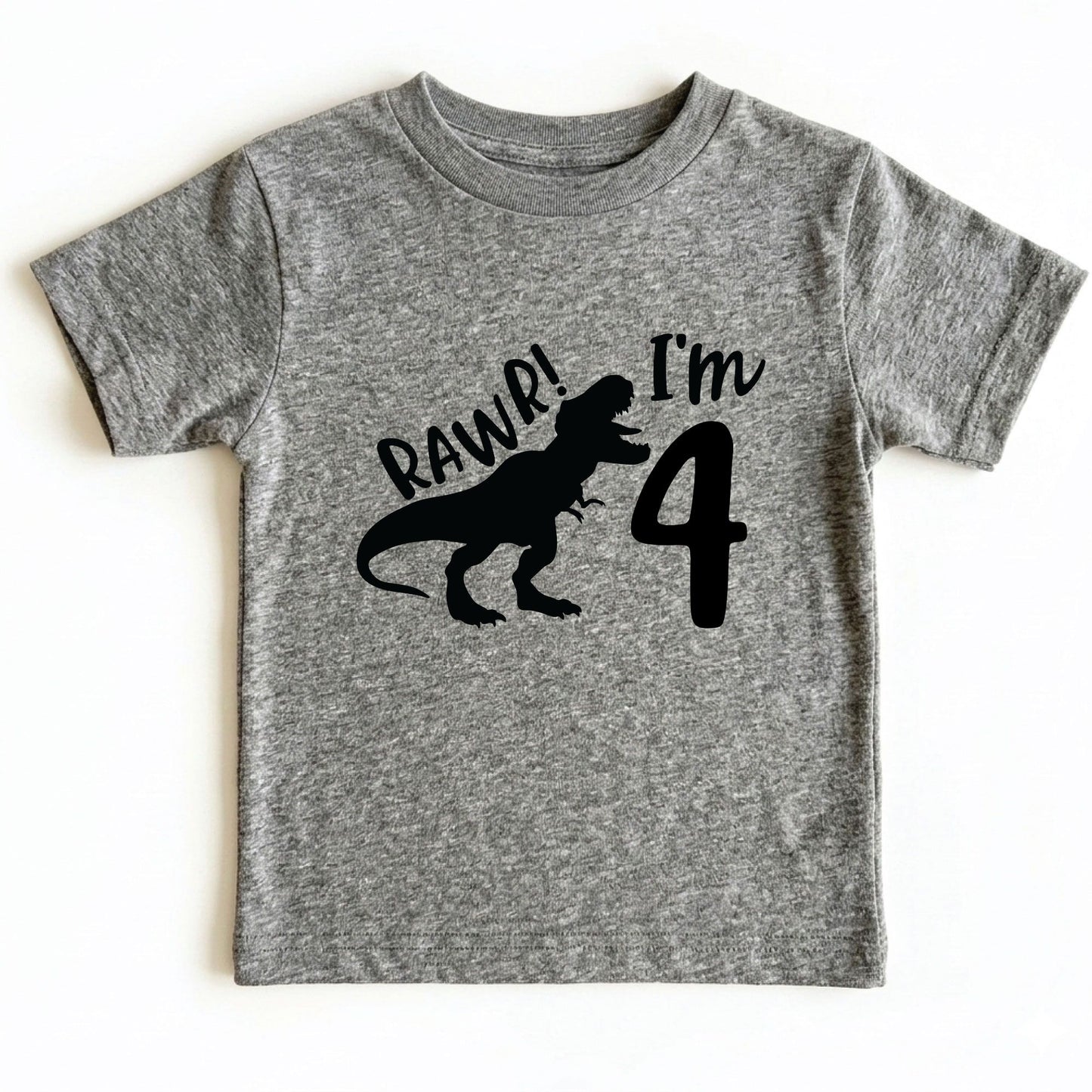Dinosaur 4th Birthday Shirt Rawr Im 4 Toddler Tee Four Year Old Childrens Clothing TRex Kids Party Outfit 4th Birthday Gift Boy Birthday Tee
