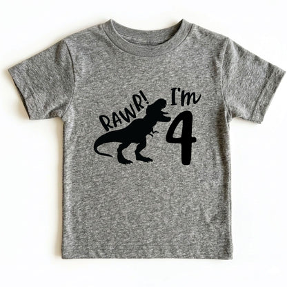 Dinosaur 4th Birthday Shirt Rawr Im 4 Toddler Tee Four Year Old Childrens Clothing TRex Kids Party Outfit 4th Birthday Gift Boy Birthday Tee
