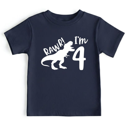 Dinosaur 4th Birthday Shirt Rawr Im 4 Toddler Tee Four Year Old Childrens Clothing TRex Kids Party Outfit 4th Birthday Gift Boy Birthday Tee