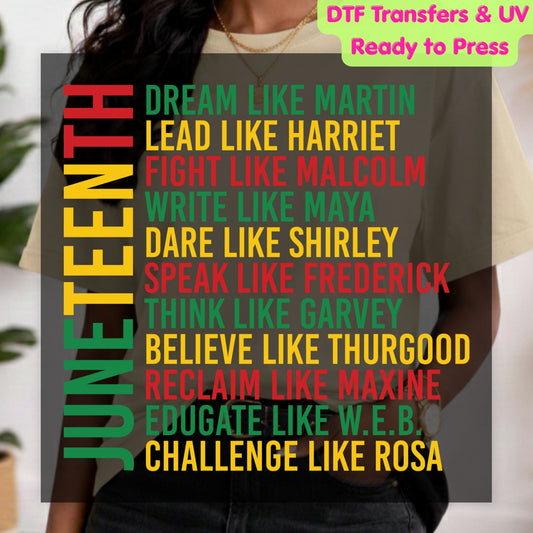Dream Like Martin Lead Like Harriet Juneteenth DTF Transfer Ready to Press Black Leaders Heat Transfer for Shirts Black History UV Sticker