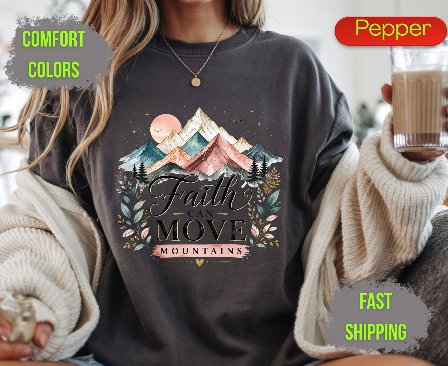 Faith Can Move Mountains Comfort Colors T Shirts Cute Christian Mountain Tee Pastel Watercolor Landscape Shirt Religious Scripture Matthew 17 20 Gifts