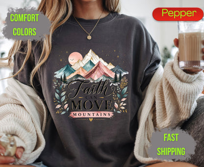 Faith Can Move Mountains Comfort Colors T Shirts Cute Christian Mountain Tee Pastel Watercolor Landscape Shirt Religious Scripture Matthew 17 20 Gifts