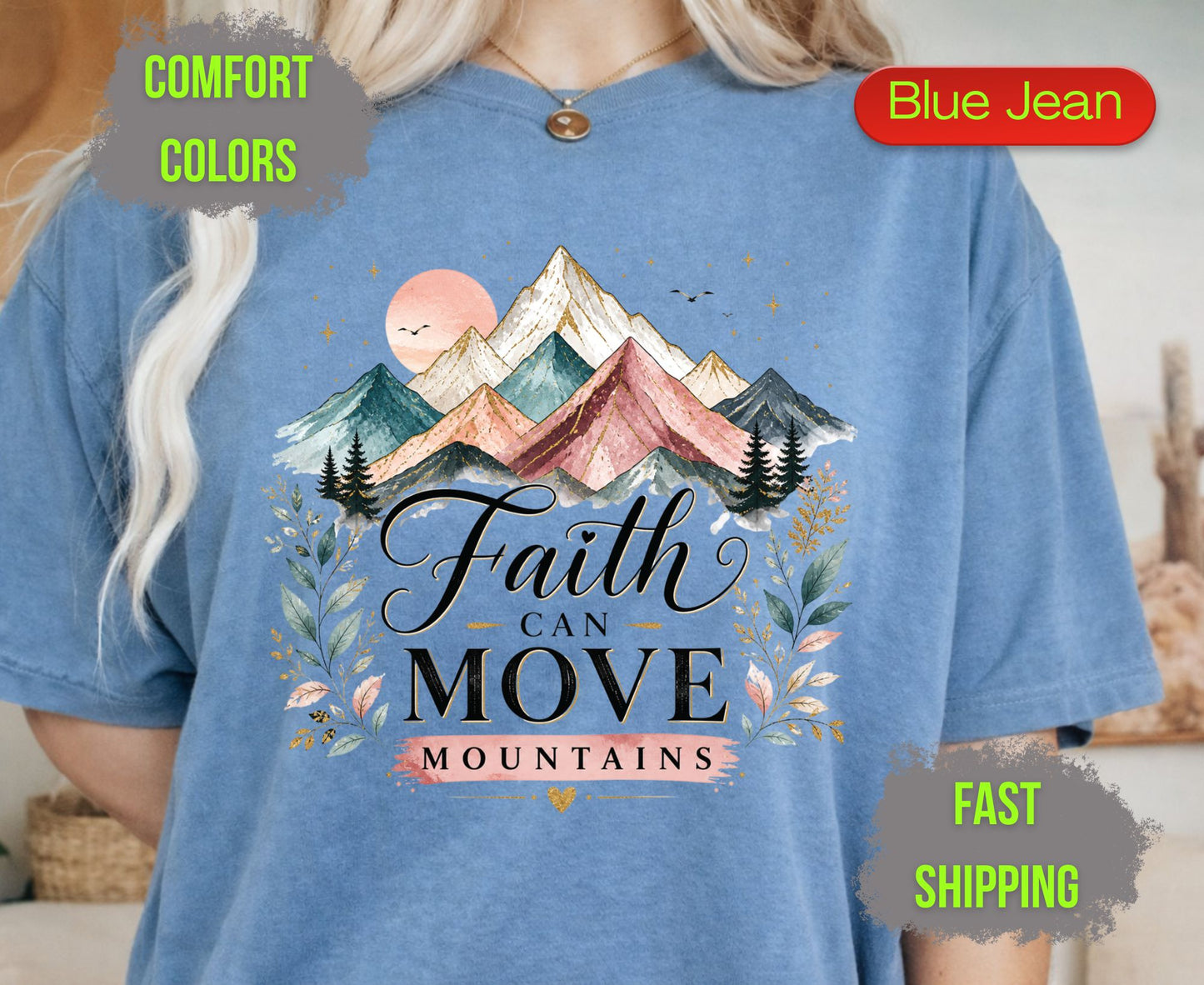 Faith Can Move Mountains Comfort Colors T Shirts Cute Christian Mountain Tee Pastel Watercolor Landscape Shirt Religious Scripture Matthew 17 20 Gifts