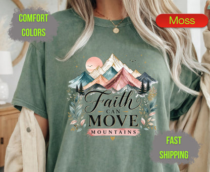 Faith Can Move Mountains Comfort Colors T Shirts Cute Christian Mountain Tee Pastel Watercolor Landscape Shirt Religious Scripture Matthew 17 20 Gifts