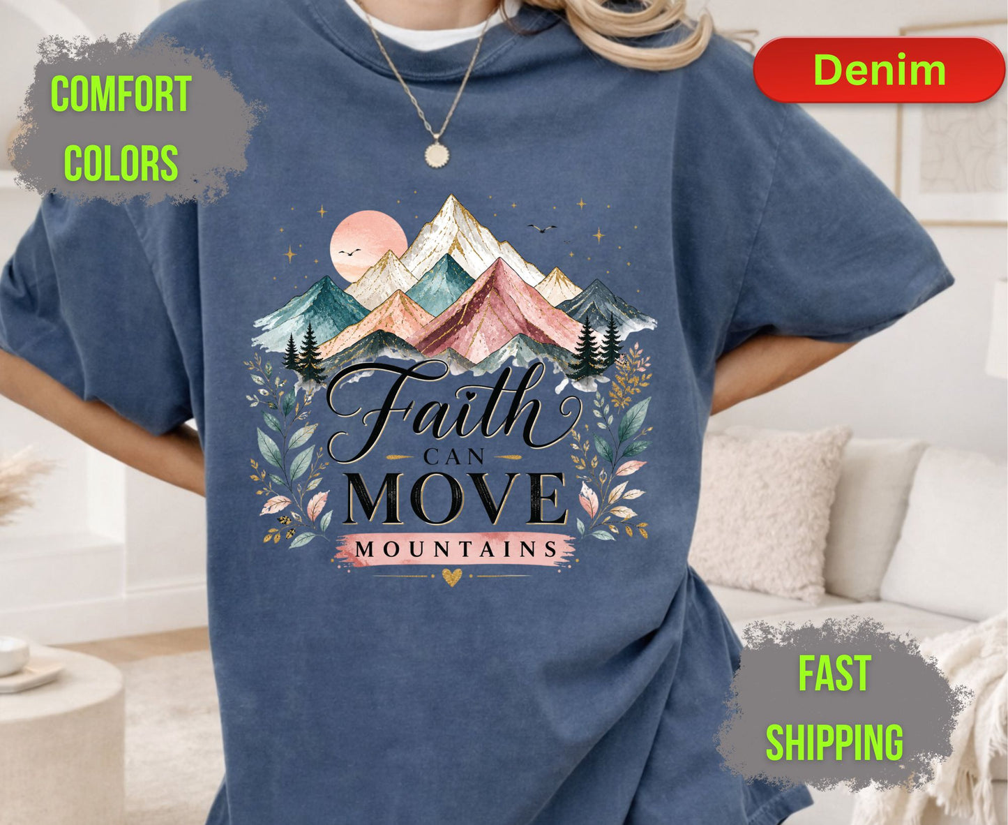 Faith Can Move Mountains Comfort Colors T Shirts Cute Christian Mountain Tee Pastel Watercolor Landscape Shirt Religious Scripture Matthew 17 20 Gifts