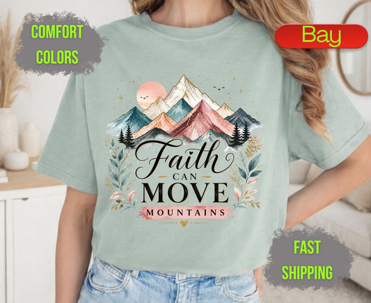 Faith Can Move Mountains Comfort Colors T Shirts Cute Christian Mountain Tee Pastel Watercolor Landscape Shirt Religious Scripture Matthew 17 20 Gifts