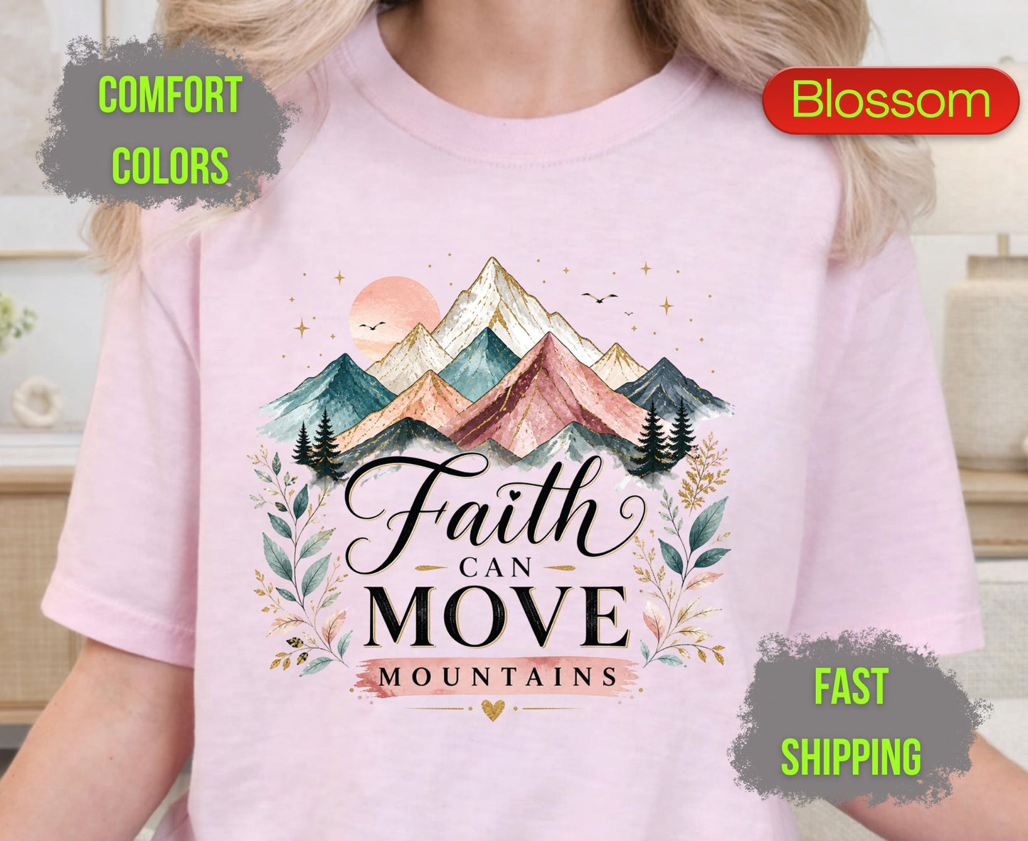 Faith Can Move Mountains Comfort Colors T Shirts Cute Christian Mountain Tee Pastel Watercolor Landscape Shirt Religious Scripture Matthew 17 20 Gifts