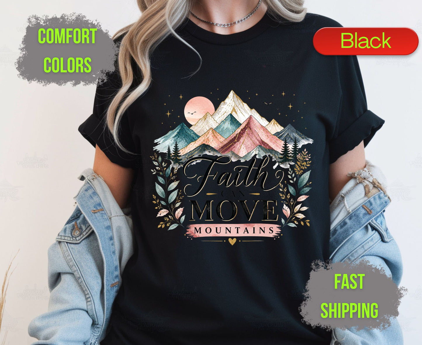 Faith Can Move Mountains Comfort Colors T Shirts Cute Christian Mountain Tee Pastel Watercolor Landscape Shirt Religious Scripture Matthew 17 20 Gifts