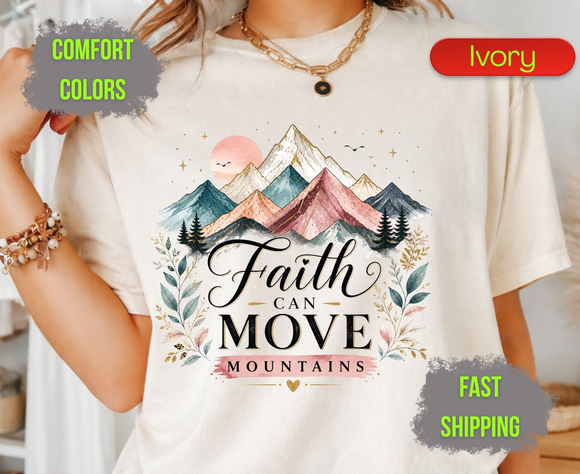 Faith Can Move Mountains Comfort Colors T Shirts Cute Christian Mountain Tee Pastel Watercolor Landscape Shirt Religious Scripture Matthew 17 20 Gifts