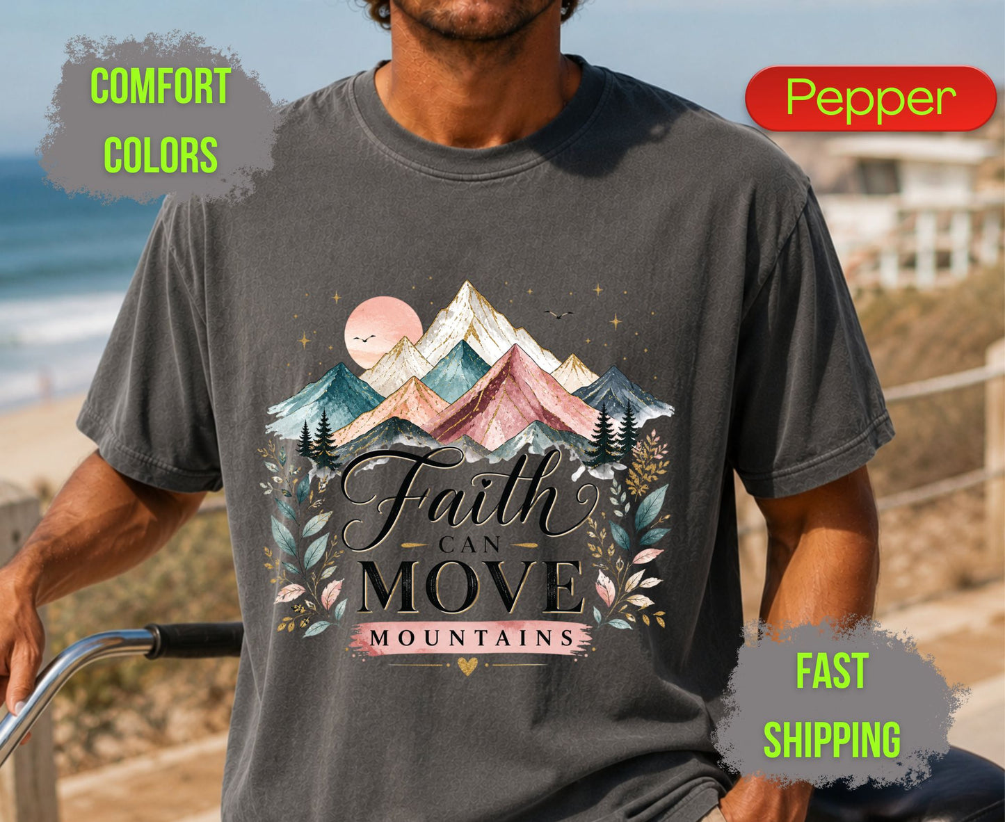 Faith Can Move Mountains Comfort Colors T Shirts Cute Christian Mountain Tee Pastel Watercolor Landscape Shirt Religious Scripture Matthew 17 20 Gifts