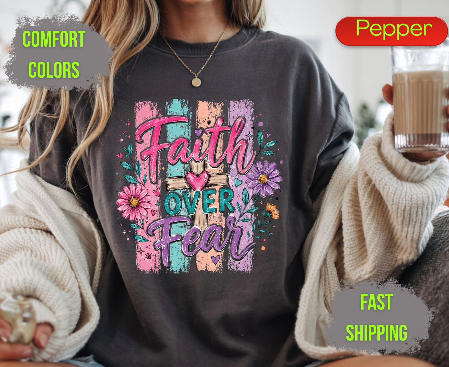 Faith Over Fear Comfort Colors T Shirts Cute Christian Wooden Cross Tee Colorful Floral Shirt Religious Faith Heart Graphic Scripture Gifts