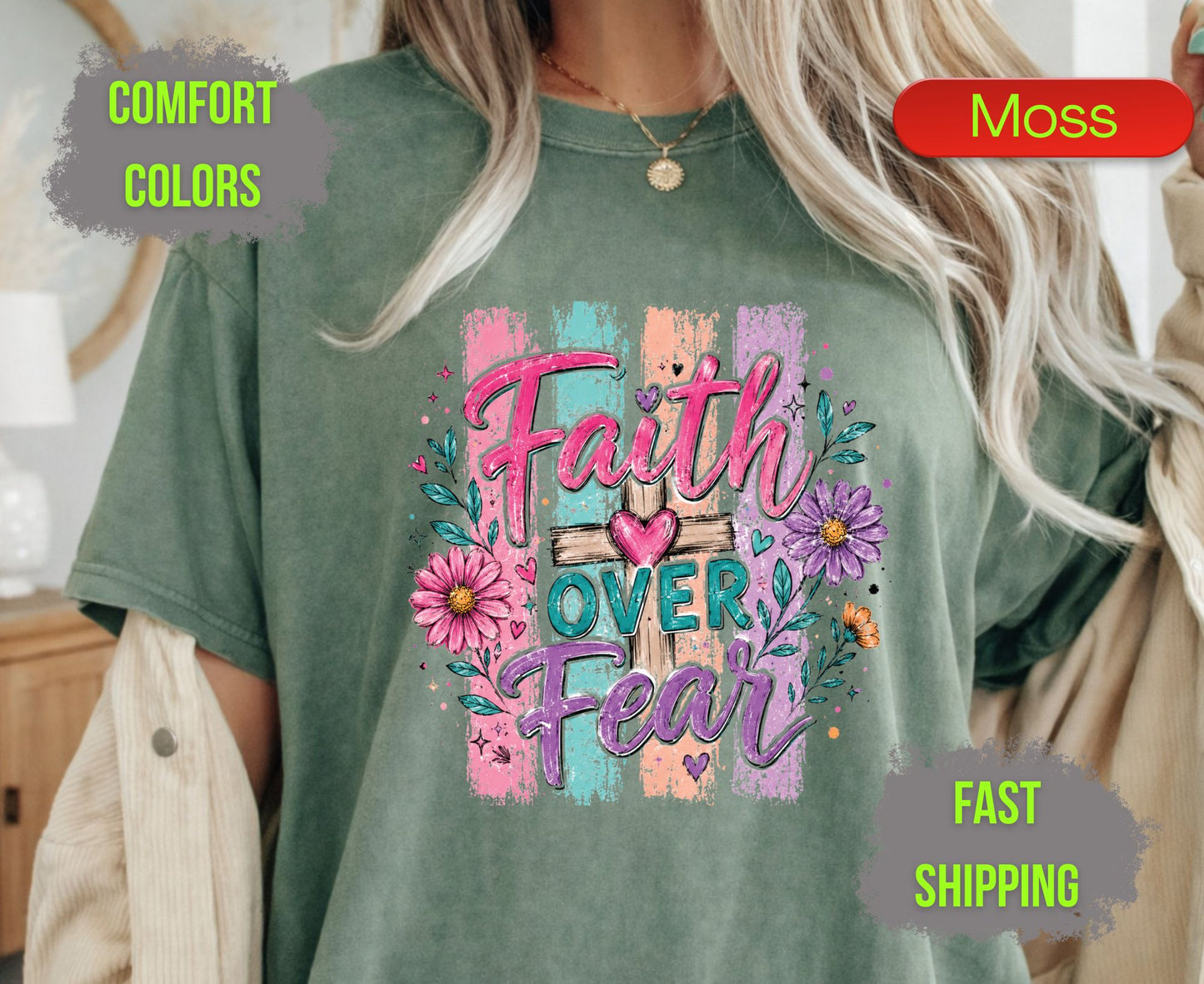 Faith Over Fear Comfort Colors T Shirts Cute Christian Wooden Cross Tee Colorful Floral Shirt Religious Faith Heart Graphic Scripture Gifts