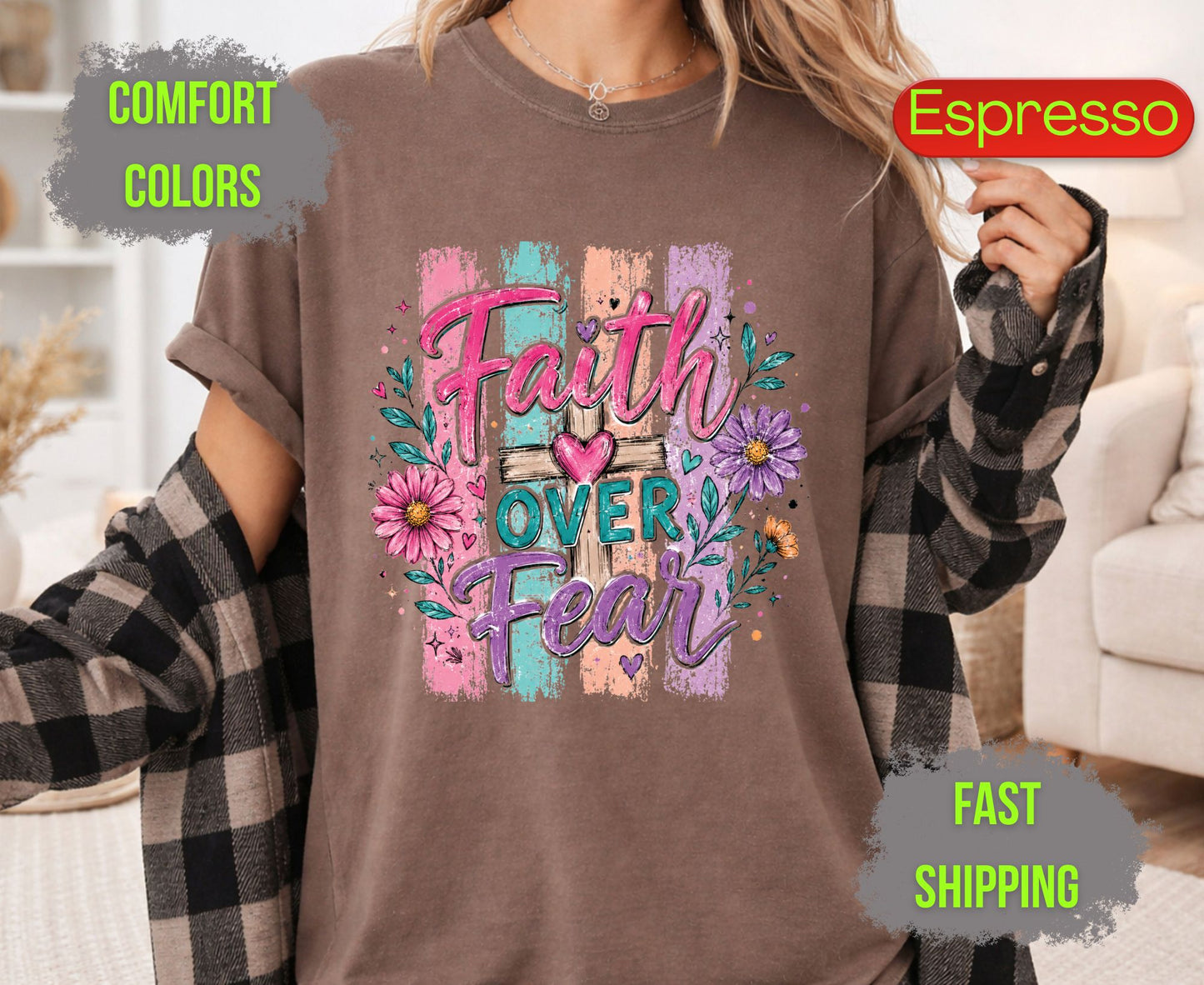 Faith Over Fear Comfort Colors T Shirts Cute Christian Wooden Cross Tee Colorful Floral Shirt Religious Faith Heart Graphic Scripture Gifts