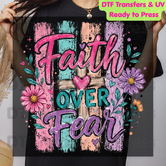 Faith Over Fear DTF Transfer Ready to Press Christian Cross UV DTF Sticker Pink Purple Floral Brushstrokes Religious Scripture Heat Transfer for Shirts