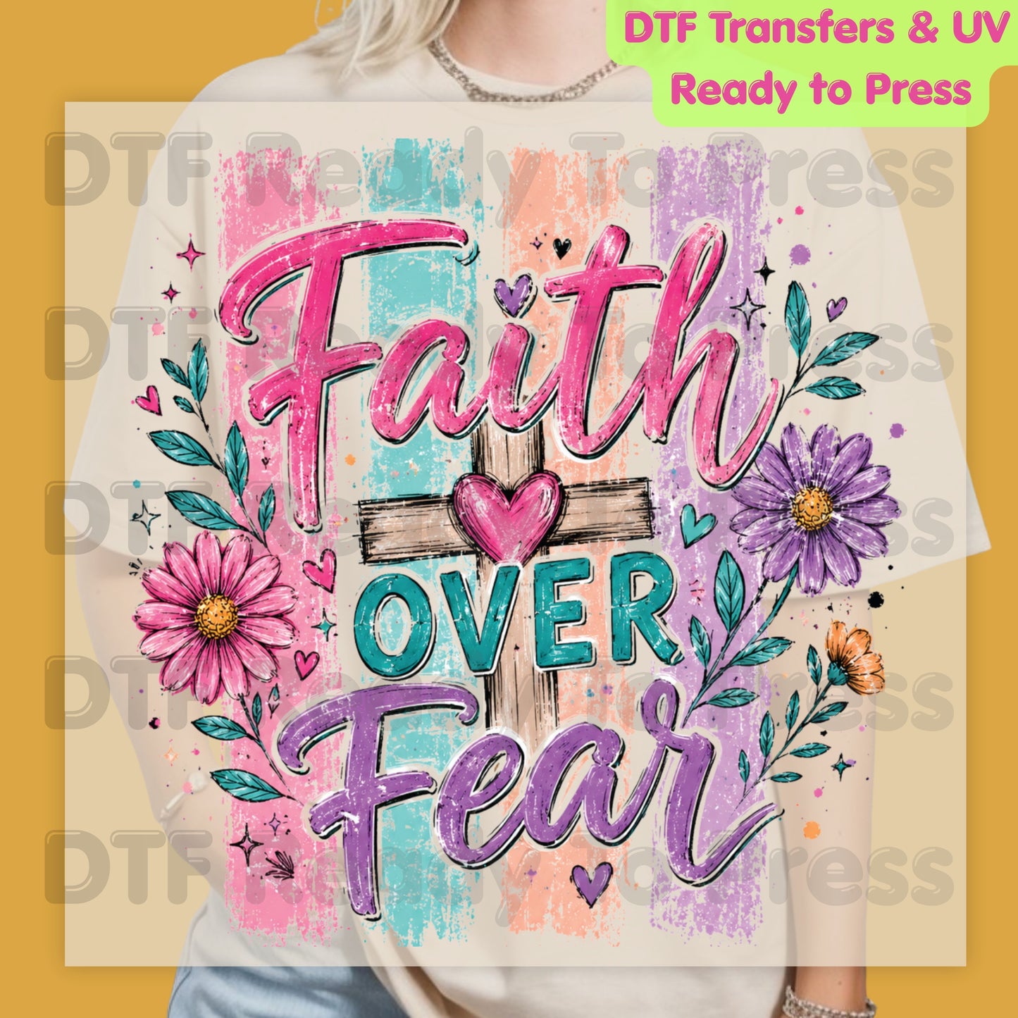 Faith Over Fear DTF Transfer Ready to Press Christian Cross UV DTF Sticker Pink Purple Floral Brushstrokes Religious Scripture Heat Transfer for Shirts