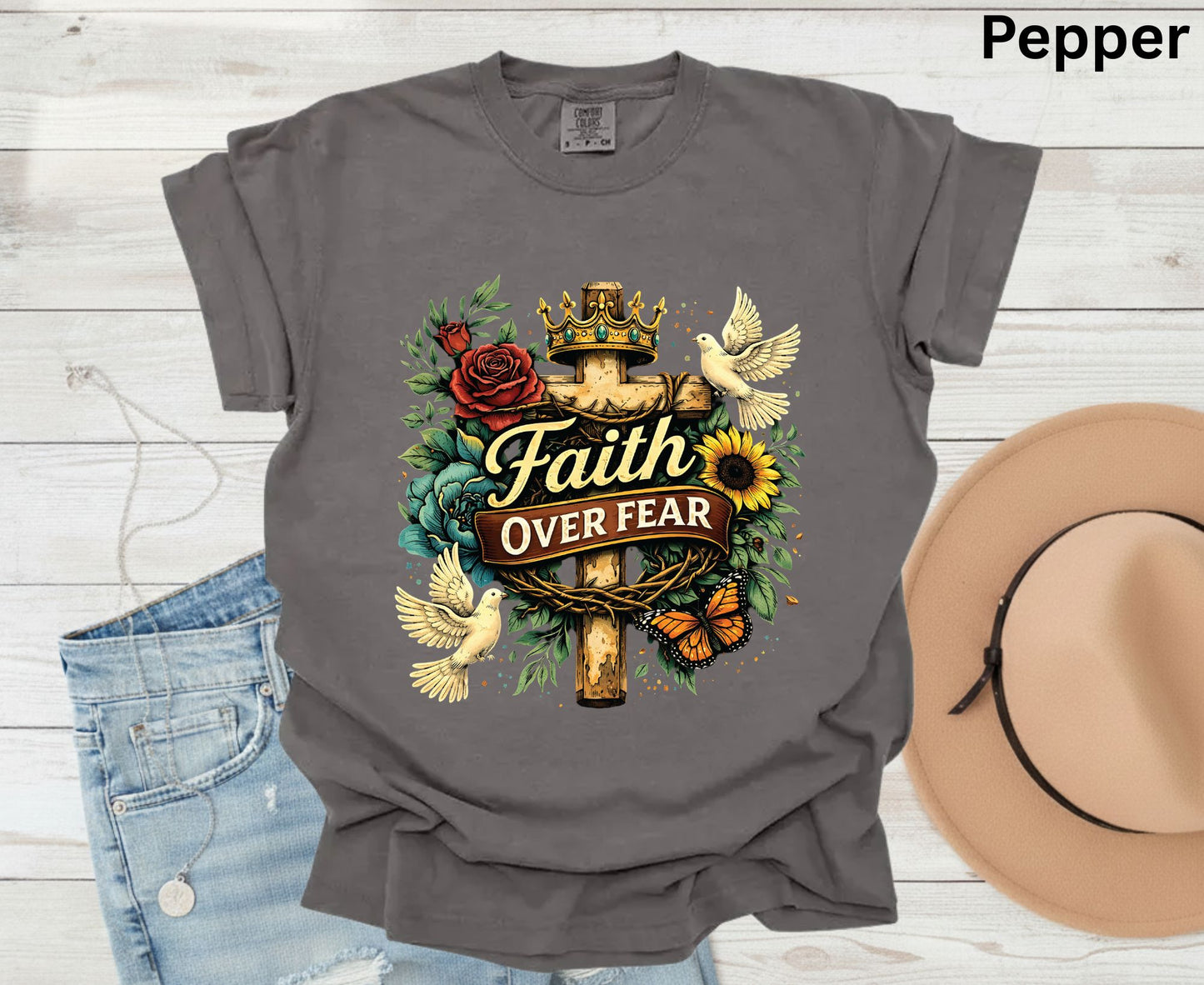 Faith Over Fear T Shirt Floral Cross Tee Christian Dove Shirt Religious Sunflowers Gift Adult Youth Toddler Baby Inspirational Faith Apparel
