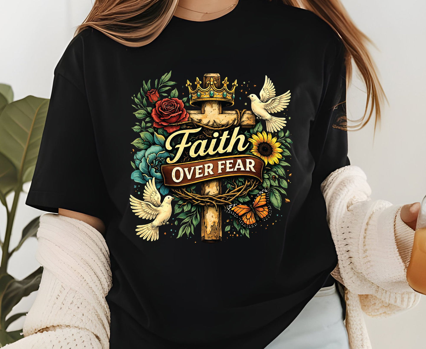 Faith Over Fear T Shirt Floral Cross Tee Christian Dove Shirt Religious Sunflowers Gift Adult Youth Toddler Baby Inspirational Faith Apparel