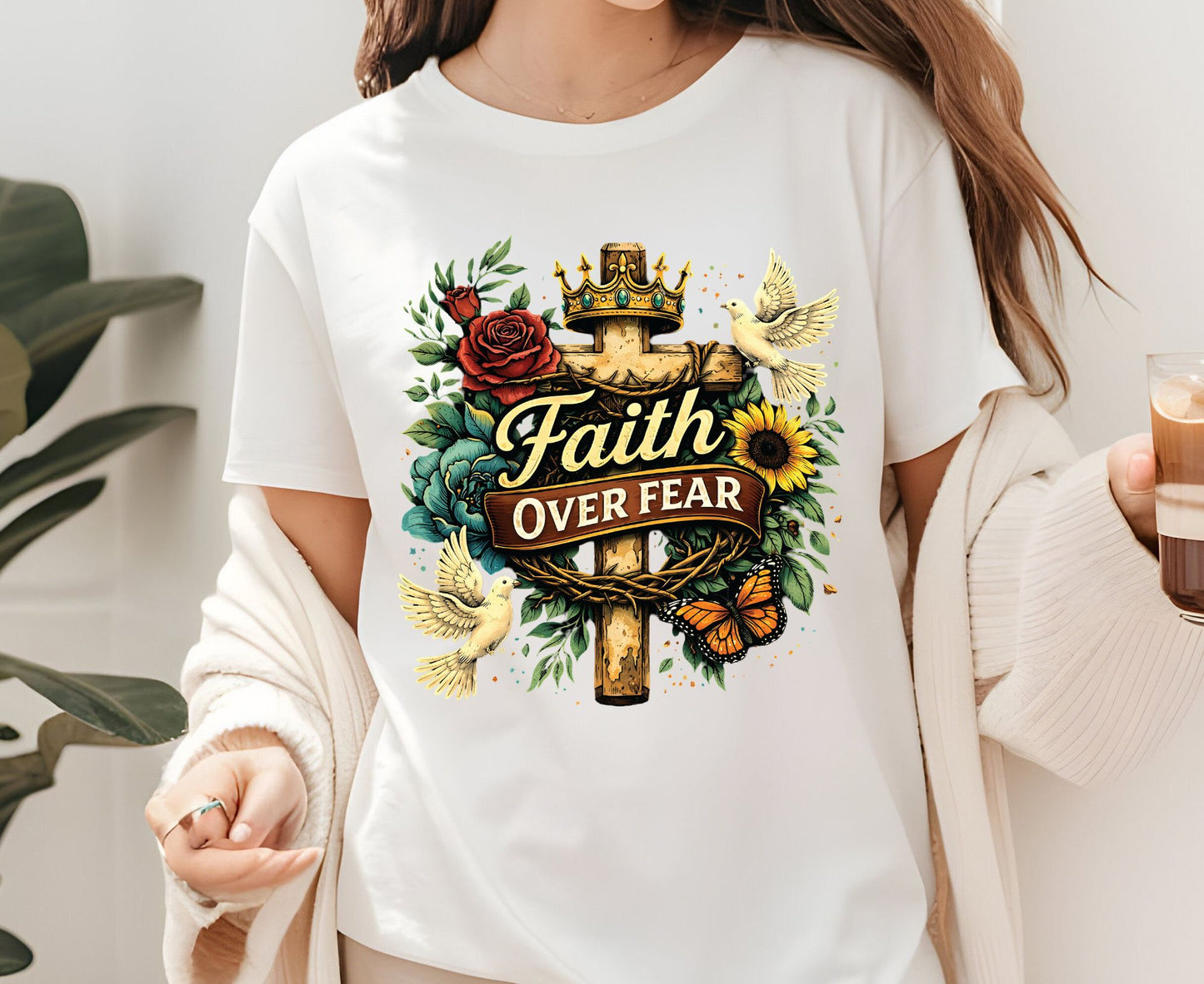 Faith Over Fear T Shirt Floral Cross Tee Christian Dove Shirt Religious Sunflowers Gift Adult Youth Toddler Baby Inspirational Faith Apparel
