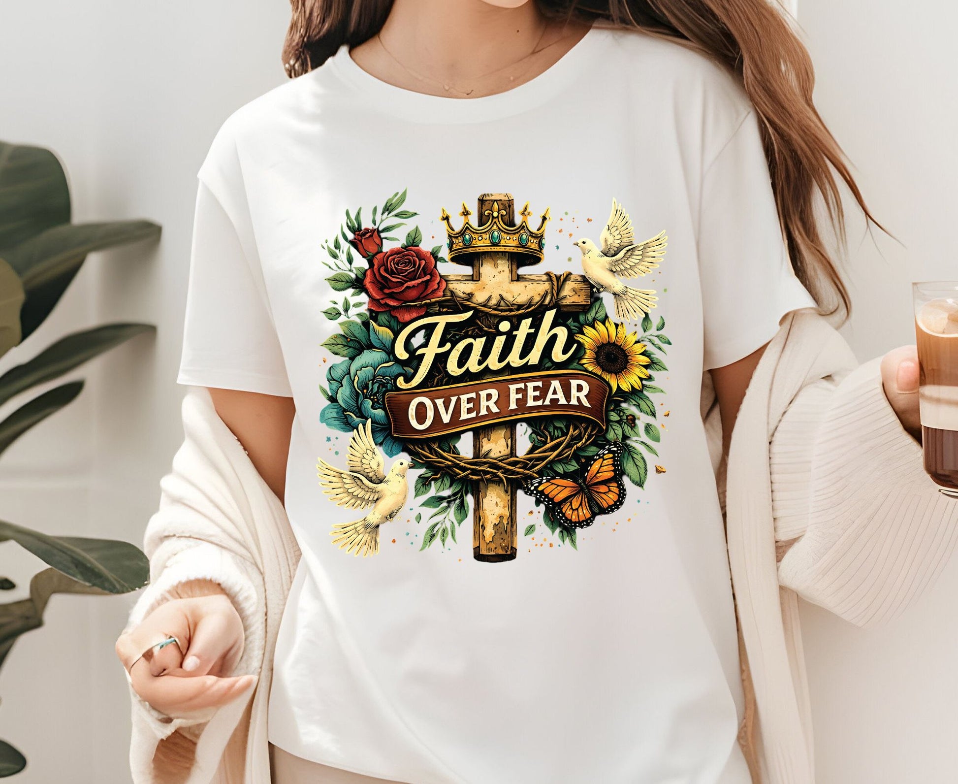 Faith Over Fear T Shirt Floral Cross Tee Christian Dove Shirt Religious Sunflowers Gift Adult Youth Toddler Baby Inspirational Faith Apparel