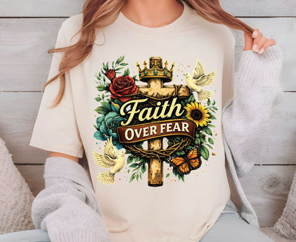 Faith Over Fear T Shirt Floral Cross Tee Christian Dove Shirt Religious Sunflowers Gift Adult Youth Toddler Baby Inspirational Faith Apparel