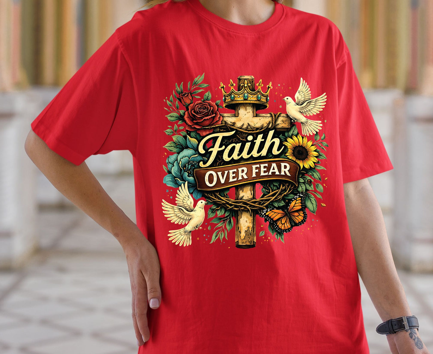 Faith Over Fear T Shirt Floral Cross Tee Christian Dove Shirt Religious Sunflowers Gift Adult Youth Toddler Baby Inspirational Faith Apparel