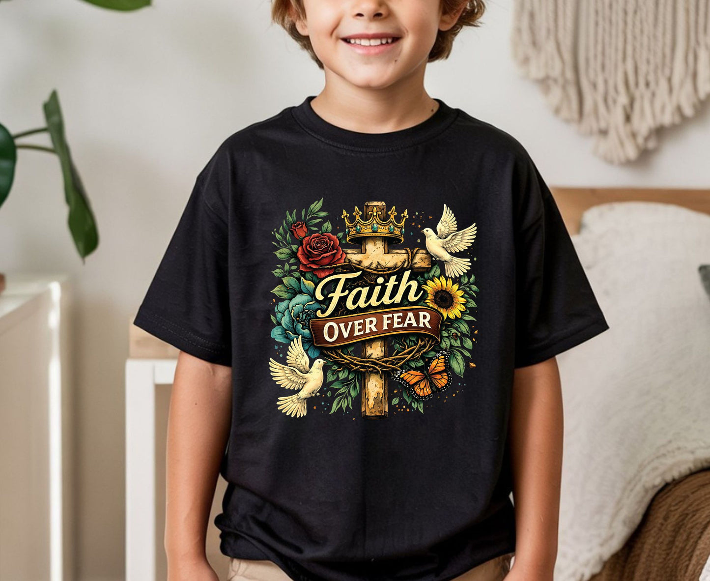 Faith Over Fear T Shirt Floral Cross Tee Christian Dove Shirt Religious Sunflowers Gift Adult Youth Toddler Baby Inspirational Faith Apparel
