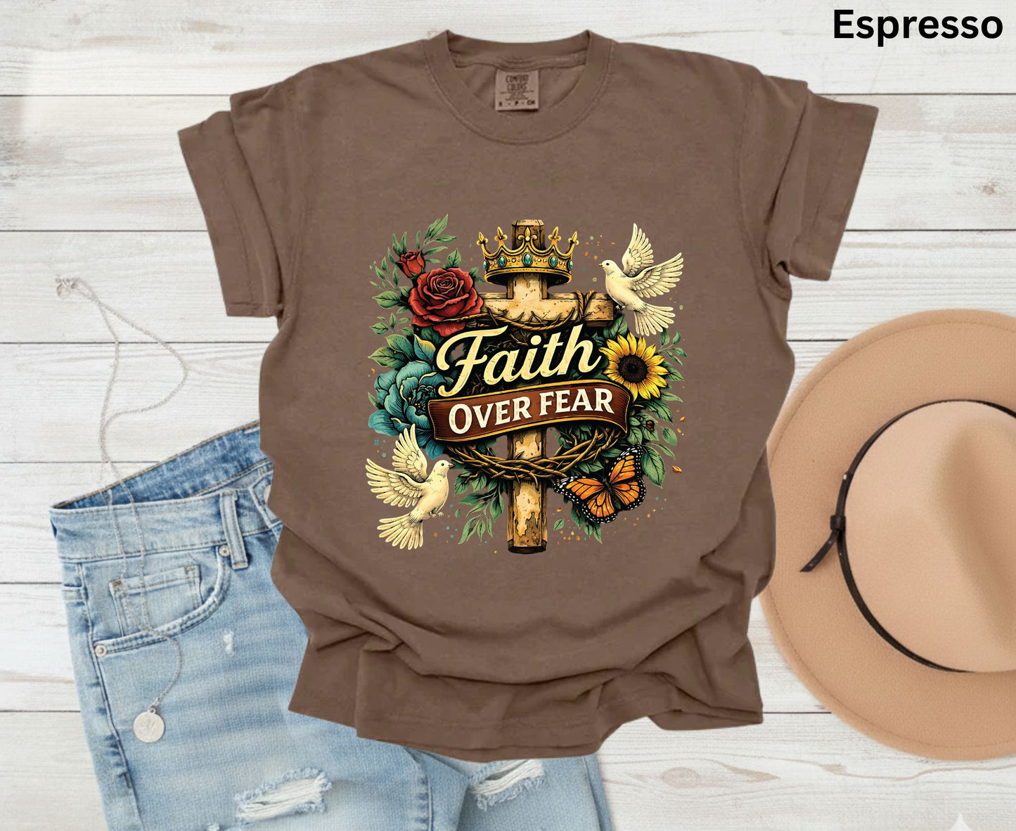 Faith Over Fear T Shirt Floral Cross Tee Christian Dove Shirt Religious Sunflowers Gift Adult Youth Toddler Baby Inspirational Faith Apparel