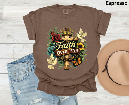 Faith Over Fear T Shirt Floral Cross Tee Christian Dove Shirt Religious Sunflowers Gift Adult Youth Toddler Baby Inspirational Faith Apparel