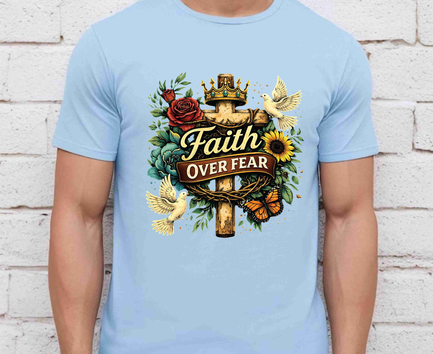 Faith Over Fear T Shirt Floral Cross Tee Christian Dove Shirt Religious Sunflowers Gift Adult Youth Toddler Baby Inspirational Faith Apparel