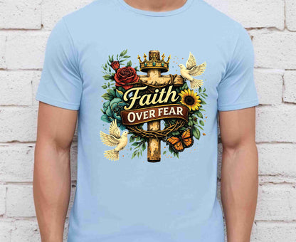 Faith Over Fear T Shirt Floral Cross Tee Christian Dove Shirt Religious Sunflowers Gift Adult Youth Toddler Baby Inspirational Faith Apparel