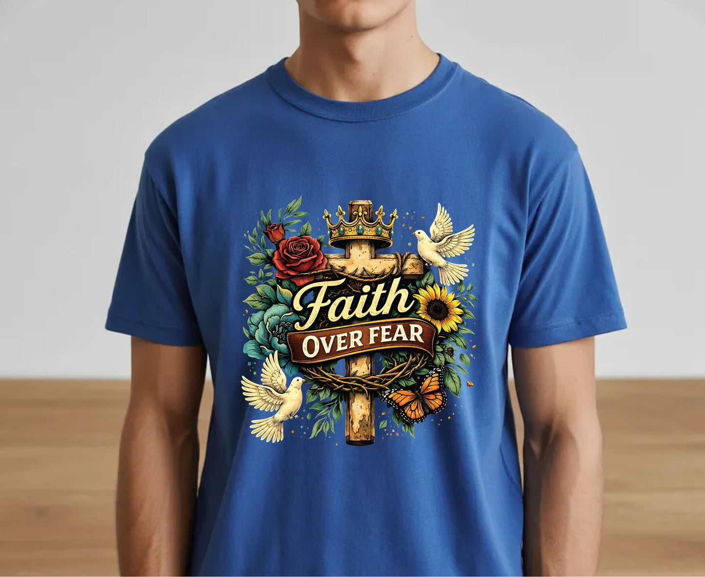 Faith Over Fear T Shirt Floral Cross Tee Christian Dove Shirt Religious Sunflowers Gift Adult Youth Toddler Baby Inspirational Faith Apparel