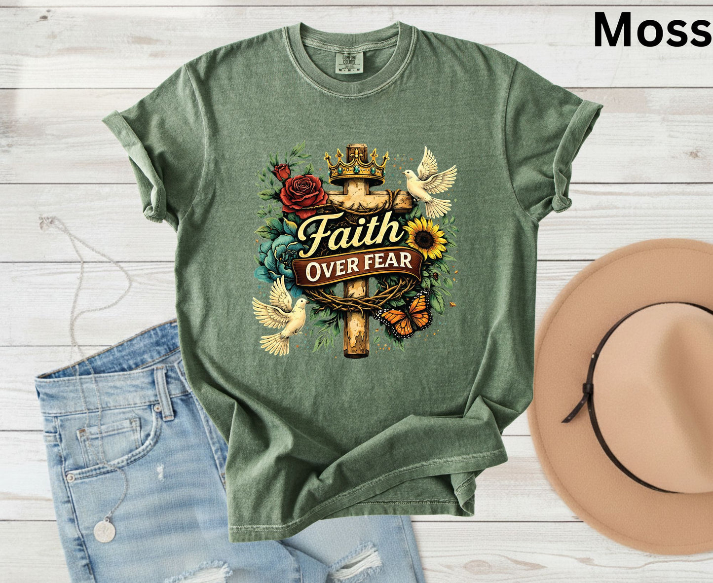 Faith Over Fear T Shirt Floral Cross Tee Christian Dove Shirt Religious Sunflowers Gift Adult Youth Toddler Baby Inspirational Faith Apparel