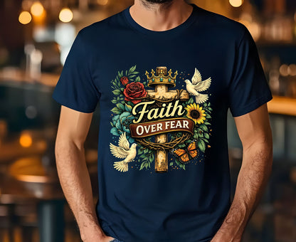 Faith Over Fear T Shirt Floral Cross Tee Christian Dove Shirt Religious Sunflowers Gift Adult Youth Toddler Baby Inspirational Faith Apparel