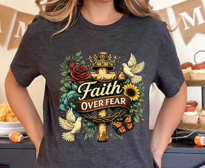 Faith Over Fear T Shirt Floral Cross Tee Christian Dove Shirt Religious Sunflowers Gift Adult Youth Toddler Baby Inspirational Faith Apparel