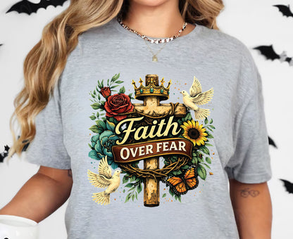 Faith Over Fear T Shirt Floral Cross Tee Christian Dove Shirt Religious Sunflowers Gift Adult Youth Toddler Baby Inspirational Faith Apparel