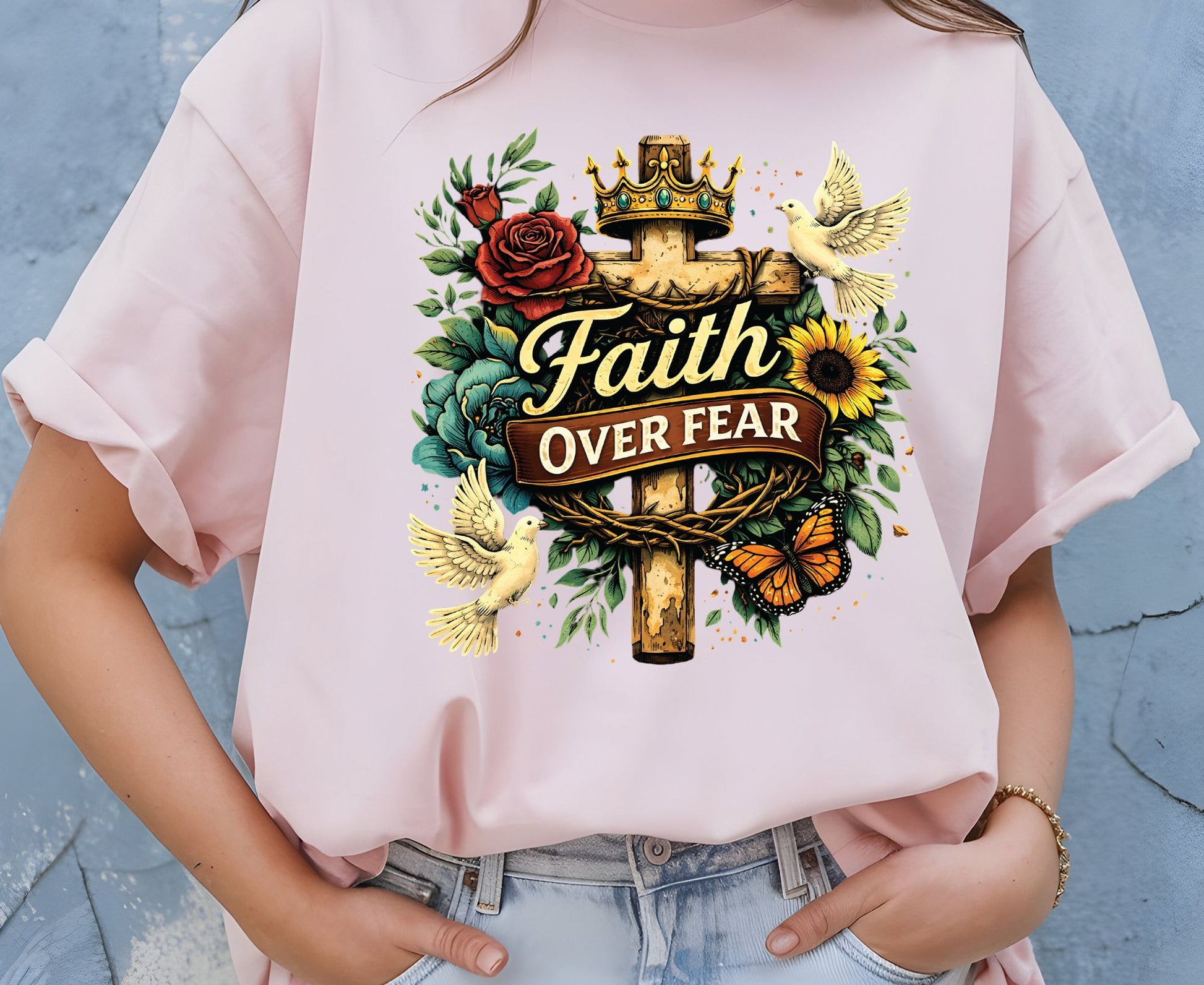 Faith Over Fear T Shirt Floral Cross Tee Christian Dove Shirt Religious Sunflowers Gift Adult Youth Toddler Baby Inspirational Faith Apparel
