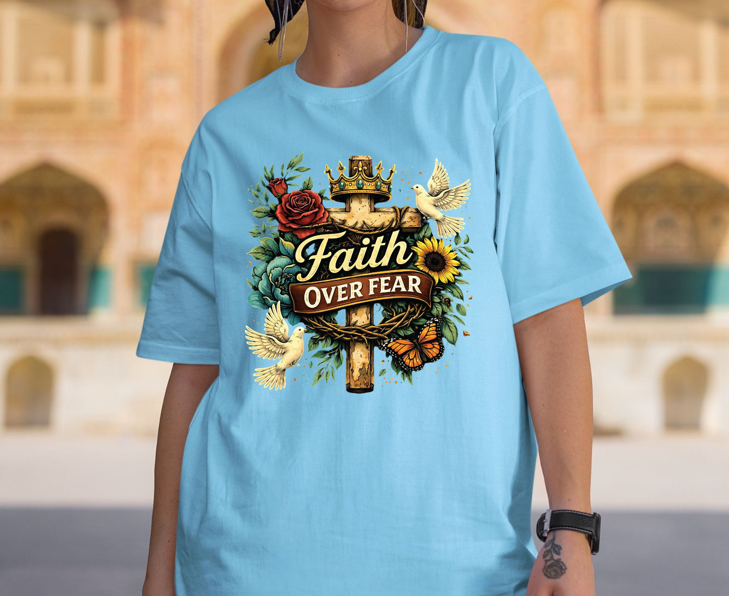 Faith Over Fear T Shirt Floral Cross Tee Christian Dove Shirt Religious Sunflowers Gift Adult Youth Toddler Baby Inspirational Faith Apparel