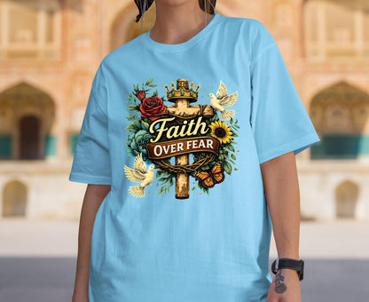 Faith Over Fear T Shirt Floral Cross Tee Christian Dove Shirt Religious Sunflowers Gift Adult Youth Toddler Baby Inspirational Faith Apparel