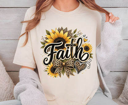Faith Sunflower T Shirt Leopard Print Cross Tee Christian Leopard Bow Shirt Religious Gift For Her Adult Youth Toddler Baby Spiritual Church Outfit