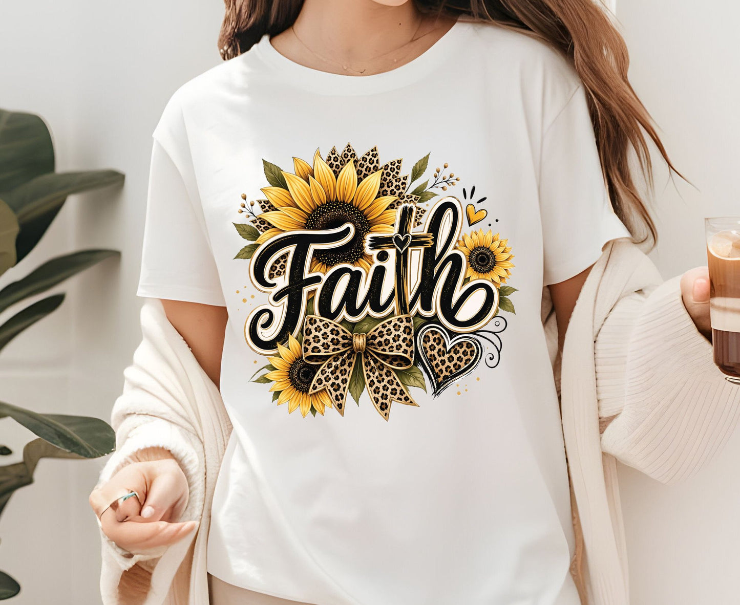 Faith Sunflower T Shirt Leopard Print Cross Tee Christian Leopard Bow Shirt Religious Gift For Her Adult Youth Toddler Baby Spiritual Church Outfit