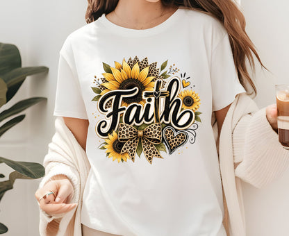 Faith Sunflower T Shirt Leopard Print Cross Tee Christian Leopard Bow Shirt Religious Gift For Her Adult Youth Toddler Baby Spiritual Church Outfit