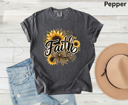 Faith Sunflower T Shirt Leopard Print Cross Tee Christian Leopard Bow Shirt Religious Gift For Her Adult Youth Toddler Baby Spiritual Church Outfit