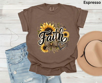 Faith Sunflower T Shirt Leopard Print Cross Tee Christian Leopard Bow Shirt Religious Gift For Her Adult Youth Toddler Baby Spiritual Church Outfit