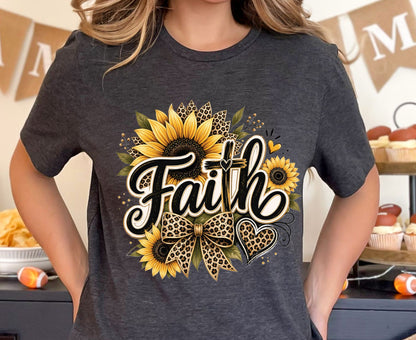 Faith Sunflower T Shirt Leopard Print Cross Tee Christian Leopard Bow Shirt Religious Gift For Her Adult Youth Toddler Baby Spiritual Church Outfit