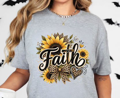 Faith Sunflower T Shirt Leopard Print Cross Tee Christian Leopard Bow Shirt Religious Gift For Her Adult Youth Toddler Baby Spiritual Church Outfit