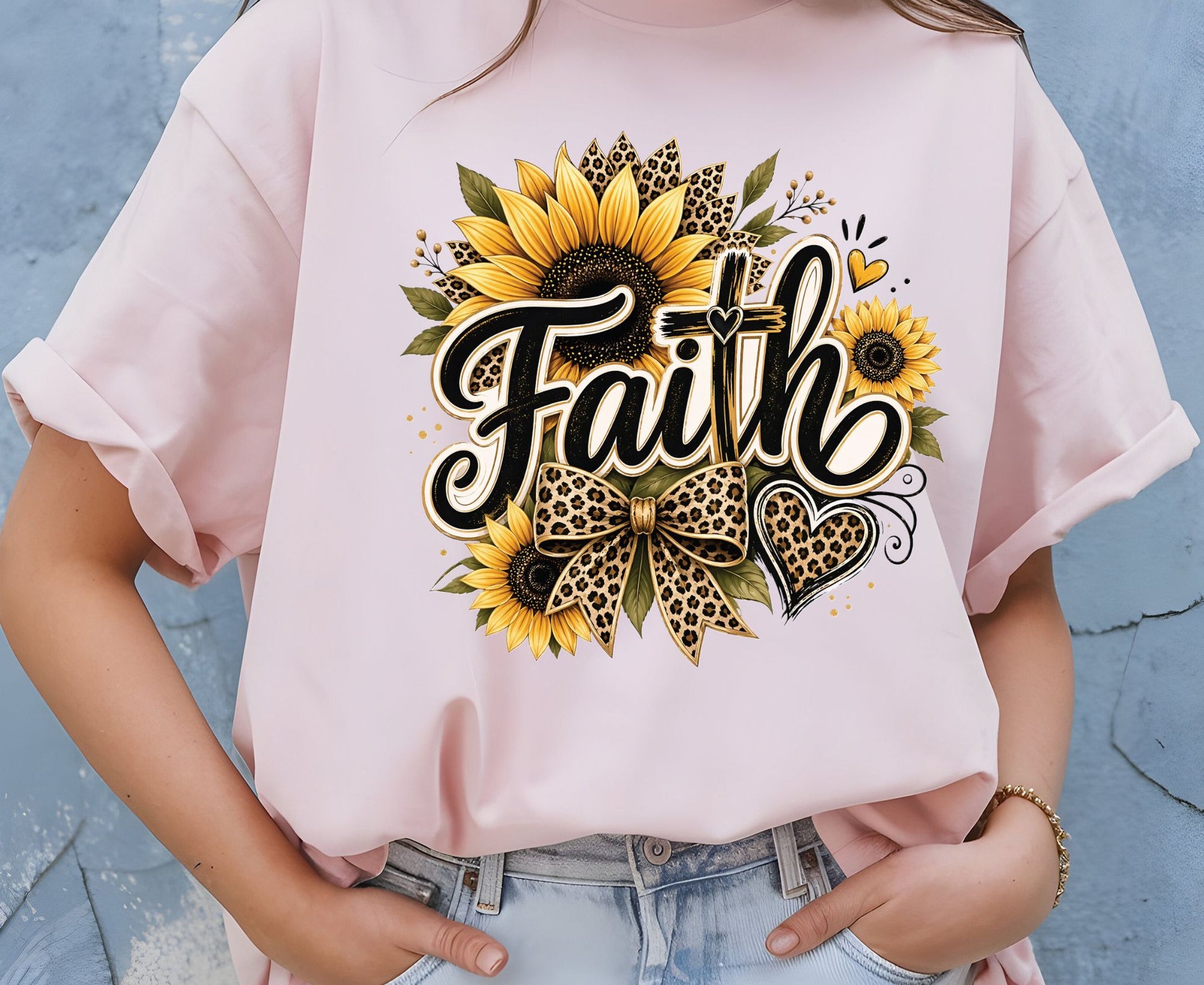 Faith Sunflower T Shirt Leopard Print Cross Tee Christian Leopard Bow Shirt Religious Gift For Her Adult Youth Toddler Baby Spiritual Church Outfit