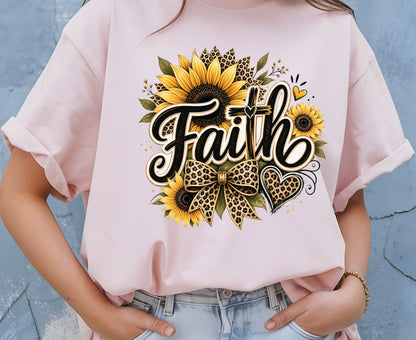Faith Sunflower T Shirt Leopard Print Cross Tee Christian Leopard Bow Shirt Religious Gift For Her Adult Youth Toddler Baby Spiritual Church Outfit